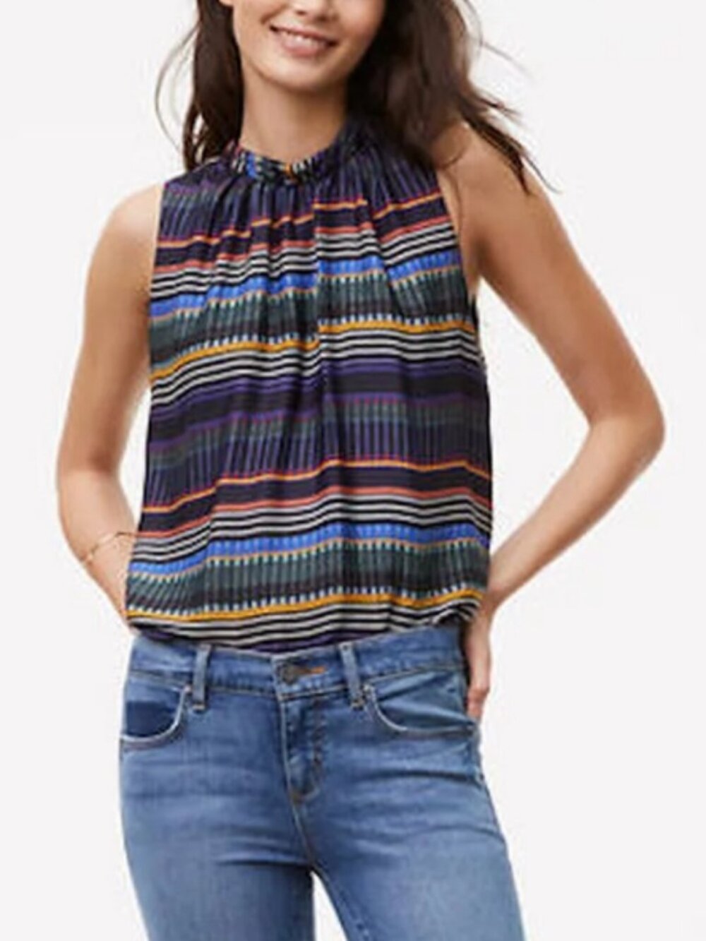 LOFT Festival Striped Multi-Color Tie Back High Neck Sleeveless Top Blouse - SP